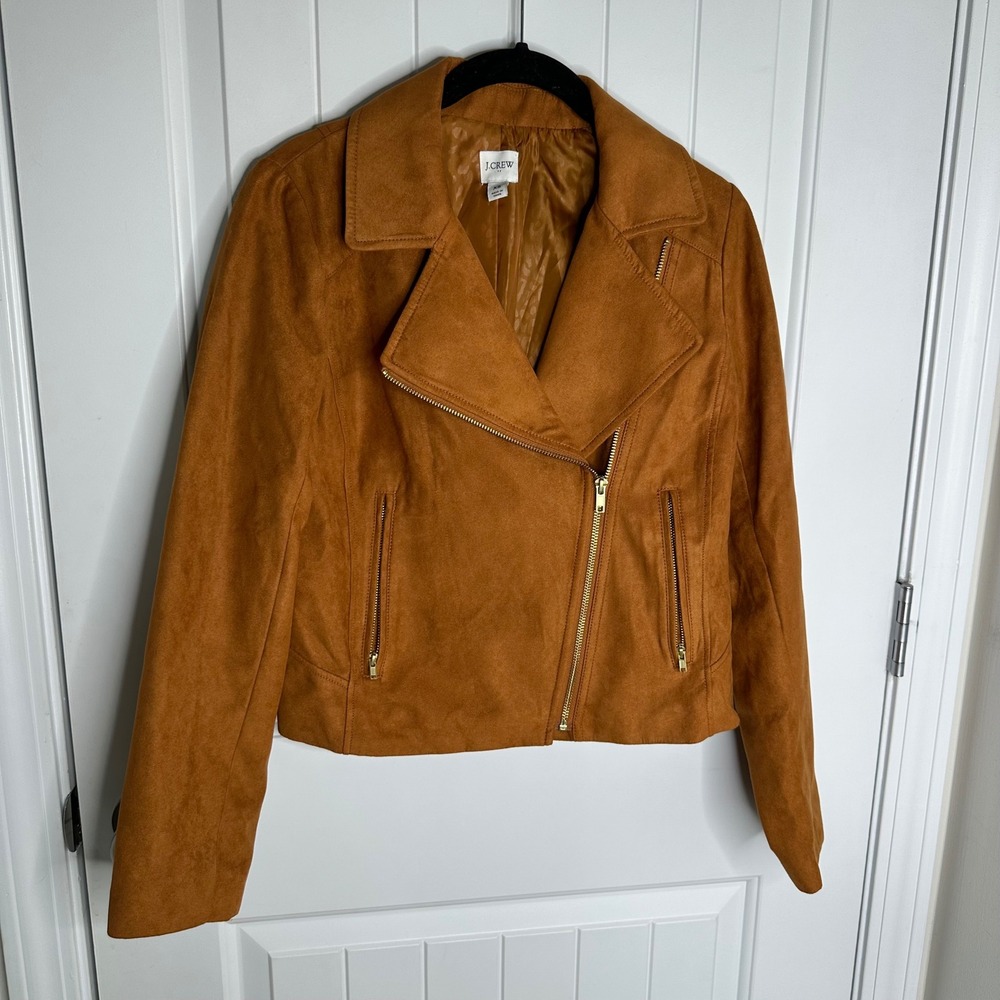 J Crew faux suede tan camel motorcycle full zip jacket size XS mob wife - Picture 2 of 8